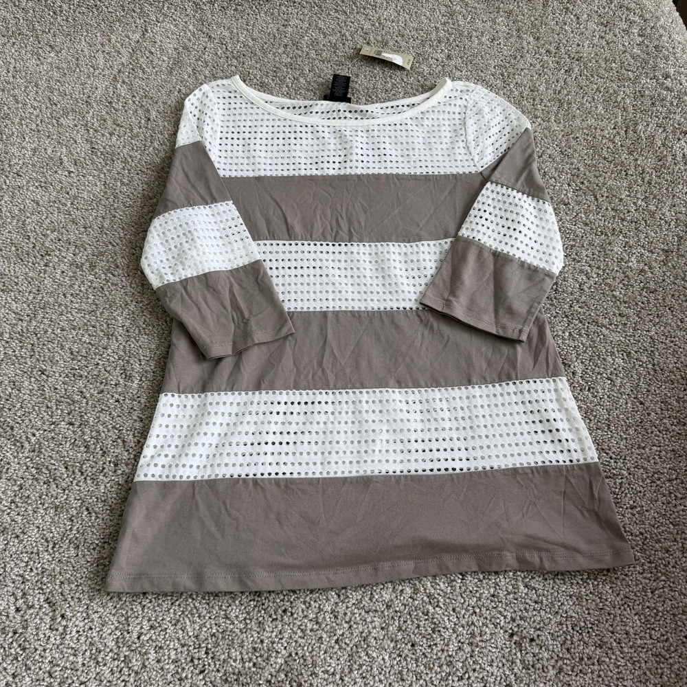 Ann Taylor Shirt Womens L Gray White Striped 3/4 Sleeve Boat Neck Tunic Top